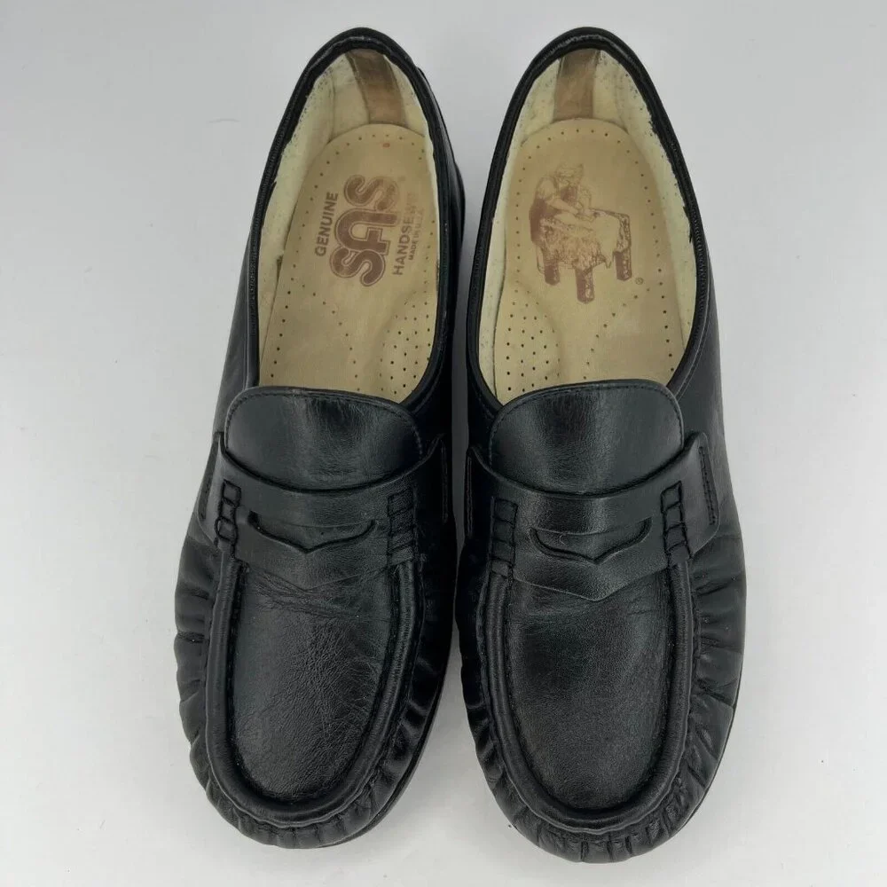 SAS Womens Black Penny Handsewn Leather Soft Teel Heel Slip-On Size 7 Loafers
